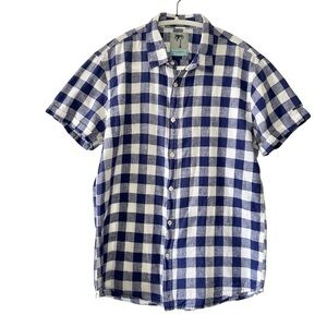 Scotch & Soda Men’s Blue and White Gingham Linen Blend Button Down Shirt- Large